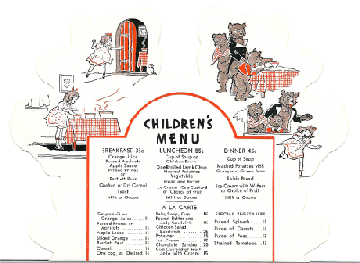 Like many other railroads, the New Haven began to offer special menus for children in its dining cars during the 1930s. The special children's meals were much less expensive than the Table de Hote (full meal) offerings on the regular dining car menus. Additionally, portion sizes were smaller than on the regular menu and the meals were specially selected to appeal to the less sophisticated tastes of children. Special children's menus seem to have gone out of favor on the New Haven during the late 1940s. Despite the fact that it is not marked with the railroad's name, this is a New Haven Railroad children's menu. It is likely that this was the first special children's menu distributed on the New Haven Railroad. This is a standard menu design that was used by a number of railroads during the mid to late 1930s when the children's menu concept was new. Note the illustrations from the "Goldilocks and the Three Bears" children's story. This menu is from the collection of Marc Frattasio .